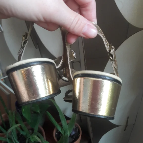 60s Vintage Mod Multi Colored JEWEL Studded Gold Lame Block Heel Sandals Size 7 - Picture 10 of 16